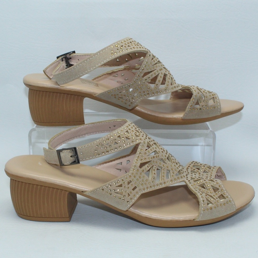 Cove Tan Laser Cut Rhinestone Block Heel Slingback Sandals Women's‎ Size 9 / 40